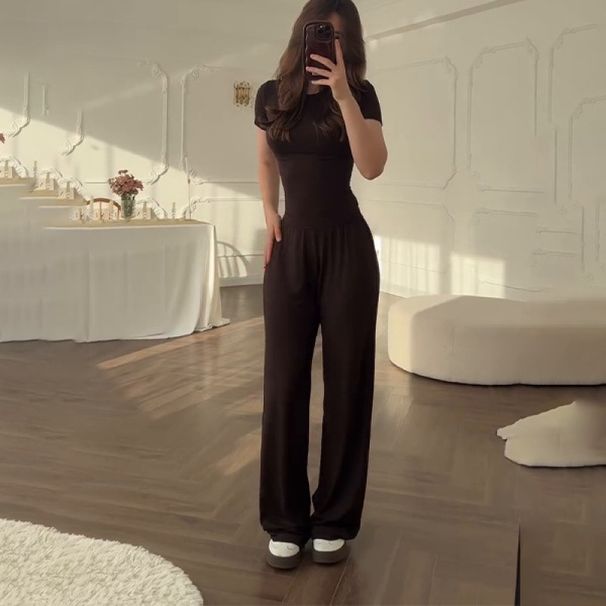 Summer Fashion Wide Leg Pants Women's Clothing Slim Fit Casual Versatile Loose Elastic Round Neck Suit Style_ecoleips.com