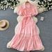 Women's French Style Soft Pink Lantern Sleeve Dress Romantic Summer Tie Waist A-Line Skirt Slimming Commuting Dress_ecoleips.com