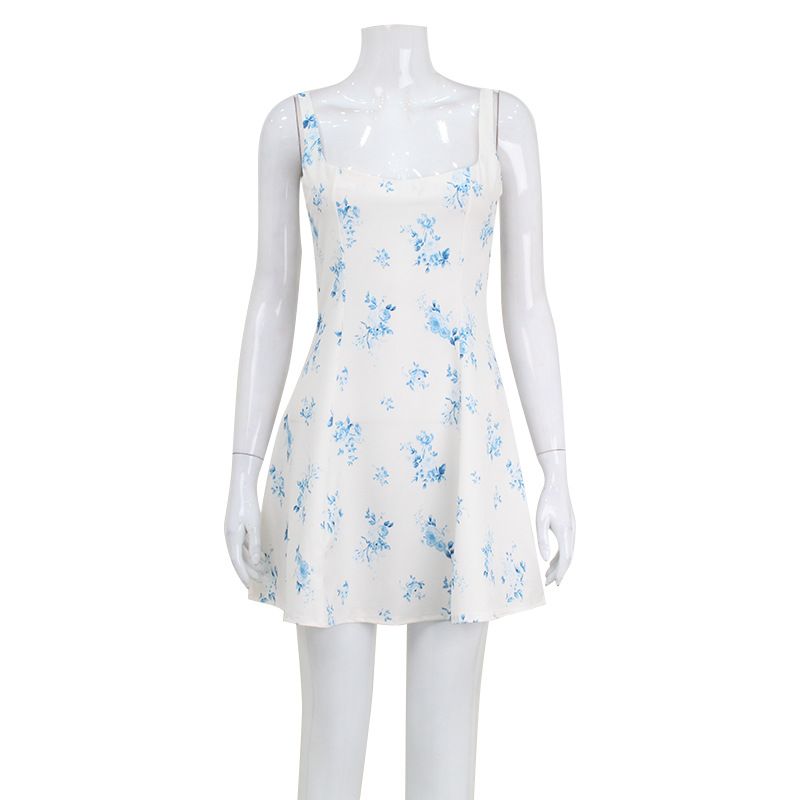 Women's Clothing Summer Women's Fashion Printed Suspender Dress Square Neck Backless Fresh Sweet Floral A Line Short Skirt Female_ecoleips.com