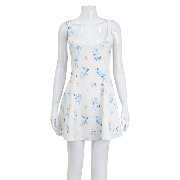 Women's Clothing Summer Women's Fashion Printed Suspender Dress Square Neck Backless Fresh Sweet Floral A Line Short Skirt Female_ecoleips.com