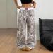 Women's Clothing Teenage Girls' Autumn Fashion Casual Stretch Waist Cinching Color Blocked Tree Branch Print Wide Leg Pants_ecoleips.com