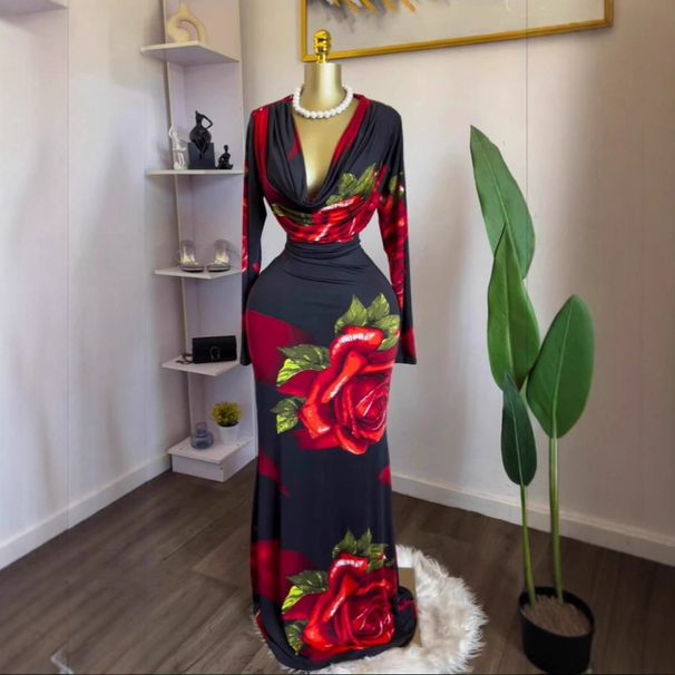 In Stock 2025 European And American Cross-border Women's Autumn New Long-sleeve Stacked Collar Rose Print Slim-fit Long_ecoleips.com