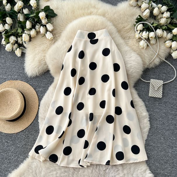 Korean Style High-Waisted A-Line Midi Skirt for Women Polka Dot Fashionable Simple Elegant Slimming Versatile Long Wide Bottoms_ecoleips.com