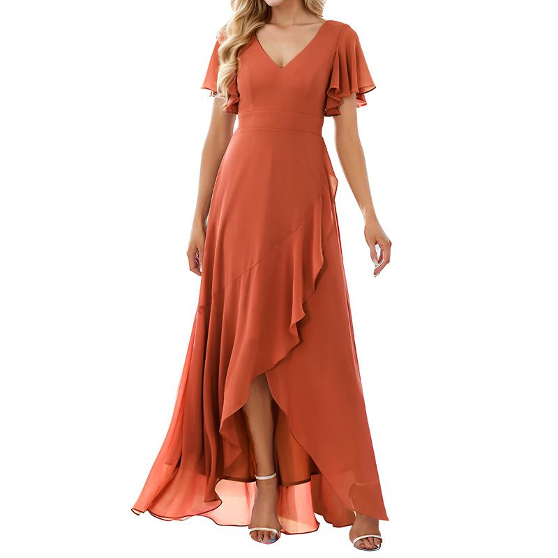 Women's Clothing Double V Neck Backless Chiffon Dress Solid Color Short Sleeved Long Dress Banquet Bridesmaid Evening Dress_ecoleips.com