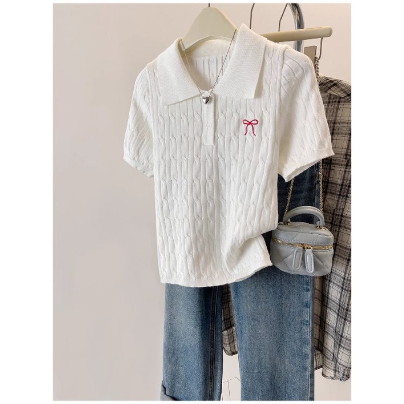 Women's White Polo Collar Knit Top Short Sleeve Shirt with Bow Embroidery And Button Detail Summer 2025_ecoleips.com
