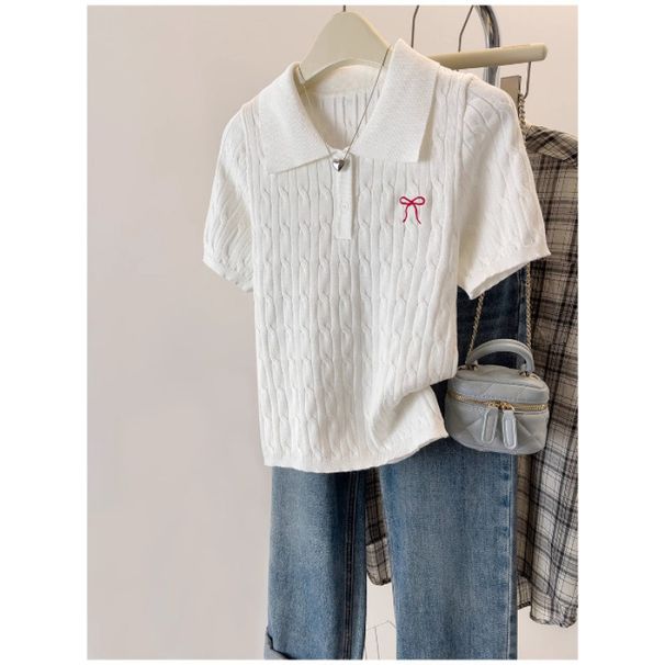 Women's White Polo Collar Knit Top Short Sleeve Shirt with Bow Embroidery And Button Detail Summer 2025_ecoleips.com