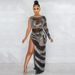 Voya Voya Women's Fashion Sexy Nightclub Rhinestone Single Sleeve Irregular Slit Long Dress_ecoleips.com