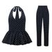Polka Dot Jumpsuit Set – Sleeveless Halter Top + Wide-Leg Pants (S-L, Black/White) Breathable Polyester_ecoleips.com