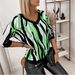 New European American Cross-border And Striped Deep V-neck With Color-blocked Collar, 7/8 Sleeves,_ecoleips.com