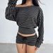 American Style Spicy Girl Striped Long Sleeve T-Shirt Women, Loose Casual Waist-Cinching Slimming Short Off-Shoulder Top_ecoleips.com