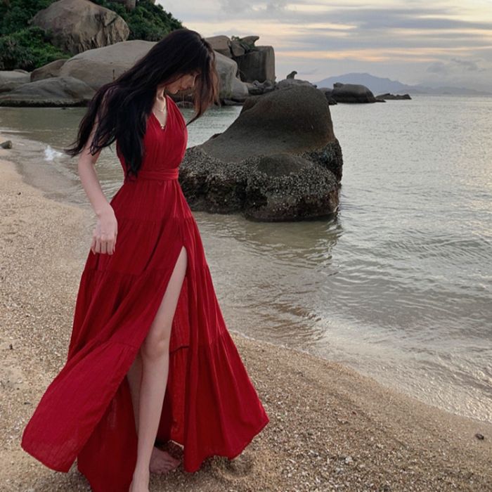French Style Red V-neck Tie Halter Women, Perfect For Beach Vacation, Sexy Backless With Split, Slimming Long Dress_ecoleips.com
