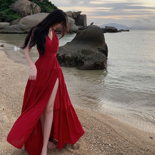 French Style Red V-neck Tie Halter Women, Perfect For Beach Vacation, Sexy Backless With Split, Slimming Long Dress_ecoleips.com