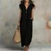 Women's Clothing Summer Casual Long Dress For Women V Neck Ruffled Solid Color Loose Fit With Pockets New European American Style_ecoleips.com