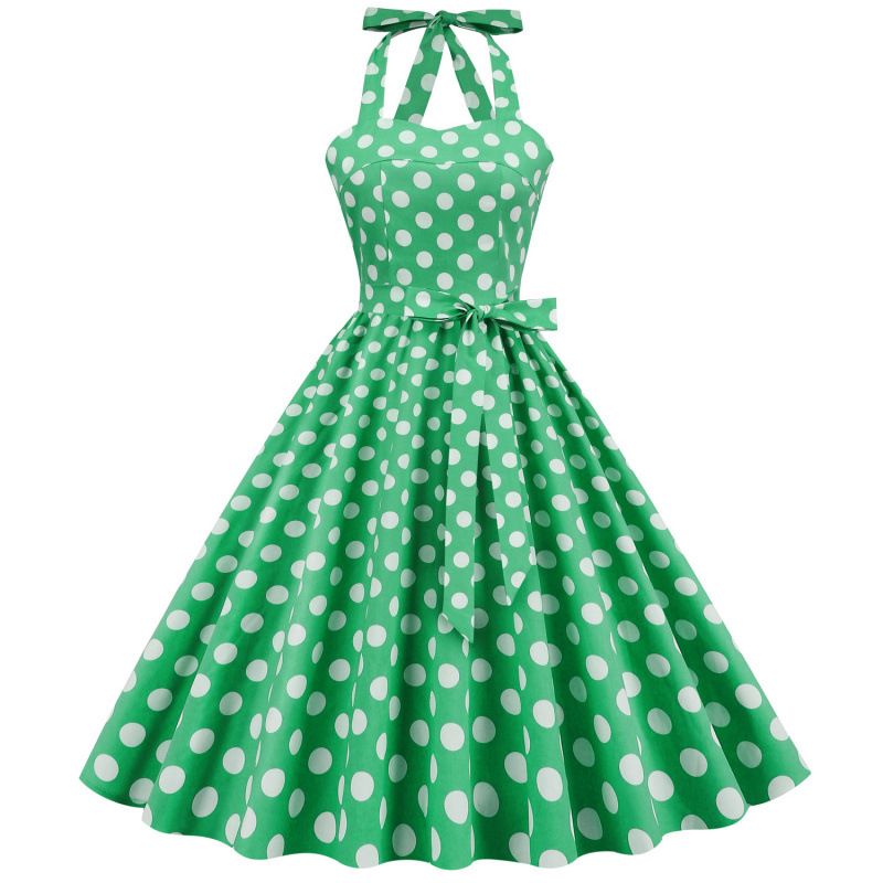 Vintage Retro Polka Dot Belted Backless Dress With Loose Skirt And Puffy Skirt Wholesale_ecoleips.com