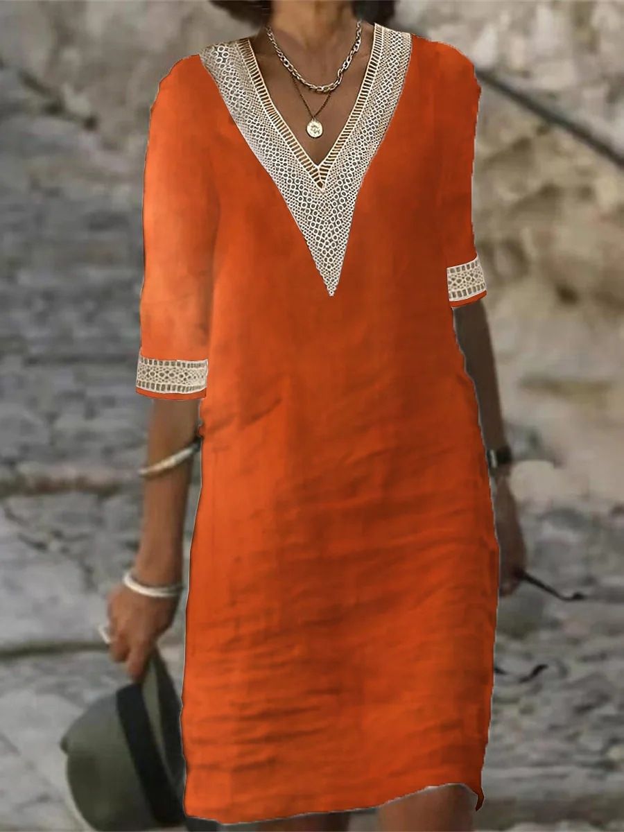 Women's Solid Color V Neck mid Sleeve Casual Dress Cotton And Linen Blend Independent Website Hot Selling 2023 European And American Style_ecoleips.com