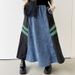 New Style Retro Design Stitching Contrast Color Denim Skirt Elastic Waist Drawstring Loose Long Skirt_ecoleips.com