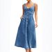 Women's Summer Blue Denim Distressed Overalls Single Breasted Button Midi Dress Casual Vintage Style_ecoleips.com