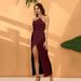 Women's Strapless Asymmetrical Neck Bodycon Maxi Dress, High Slit Formal Evening Party Gown_ecoleips.com