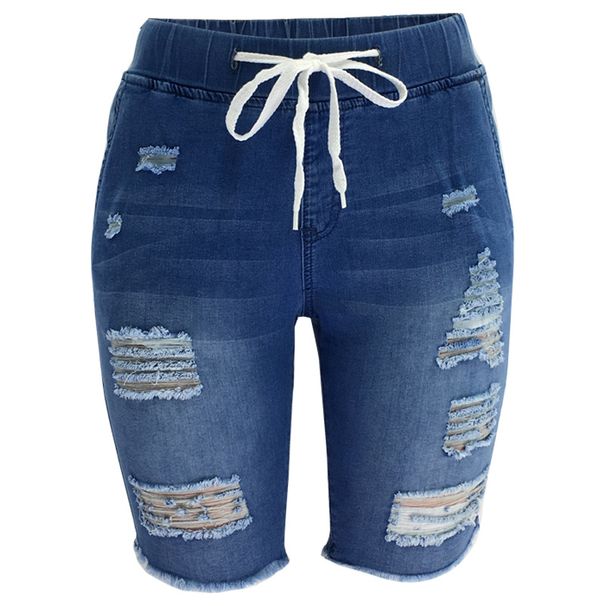 Women's Clothing Ripped Mid Waist Elastic High Elastic Medium Washed Blue Jeans Shorts_ecoleips.com