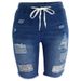 Women's Clothing Ripped Mid Waist Elastic High Elastic Medium Washed Blue Jeans Shorts_ecoleips.com