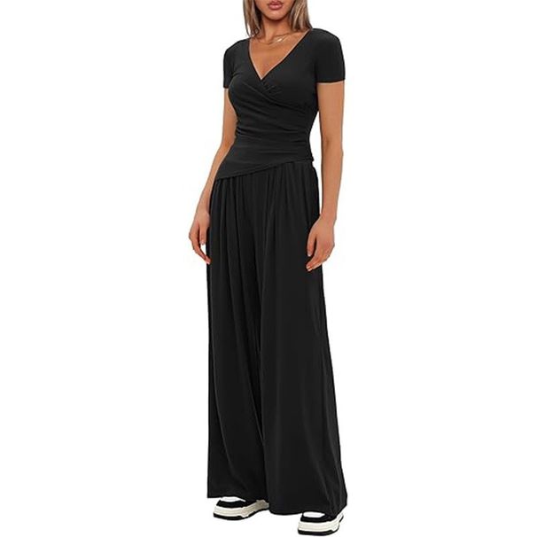 Women's Relaxed Wide-Leg Pants Set – Oversized T-Shirt & Flowy Trousers (XS-XL) – Polyester-Spandex Lounge Wear For Casual & Work From Home_ecoleips.com