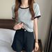 Women's Color Block Round Neck Short Sleeve T-Shirt Korean Style Slim Fit Trendy Student Top For Summer_ecoleips.com