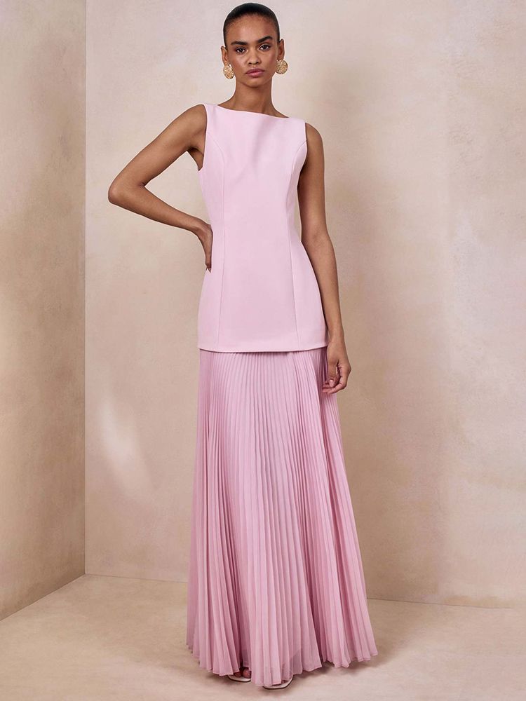 Mozision Elegant Two Piece Maxi Dress Women Fashion Boat Neck Sleeveless Bodycon Pleated Club Party Long Dress Female Vestidos_ecoleips.com