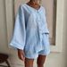 Women's Spring/Summer Two Piece Set Cotton Linen Solid Color Cardigan Long Sleeve Button Detail Shorts with Pockets European American Style_ecoleips.com