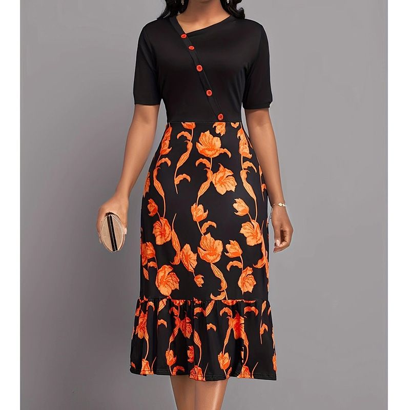 Women's Clothing Long High Waist Temperament Commuter Dress Black Long Skirt Suit Short Sleeve Printed Dress_ecoleips.com