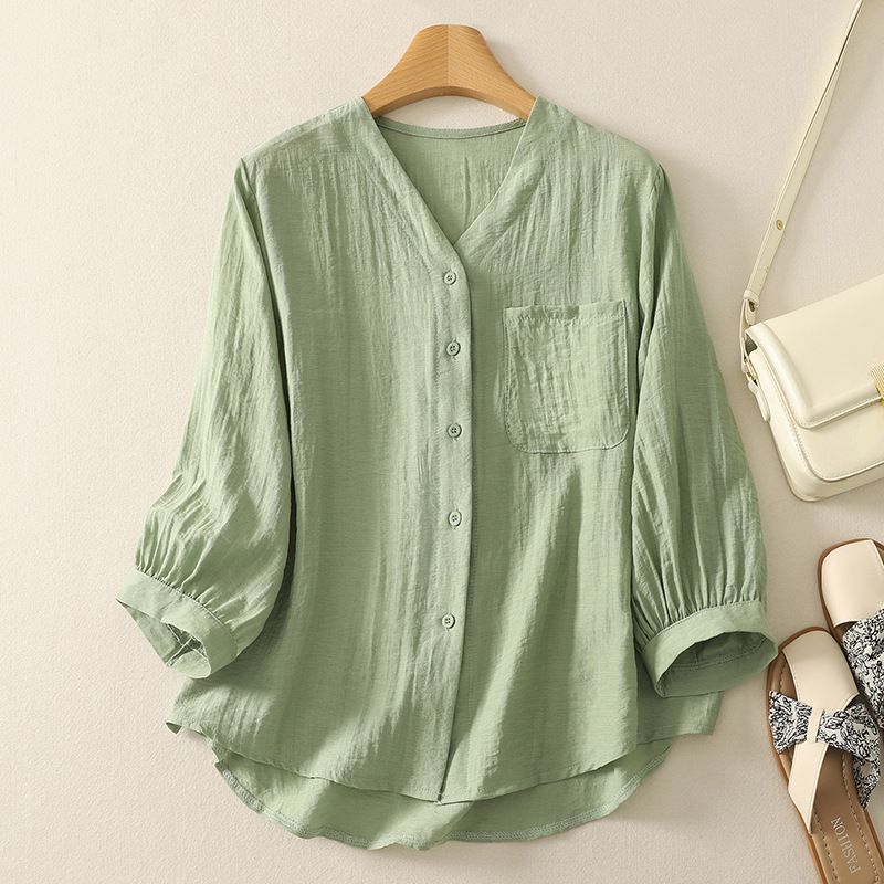 Women's Solid Color V Neck Shirt Summer New Style Fashionable And Elegant Loose Fit Top With Three Quarter Sleeve Versatile_ecoleips.com