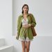 European American Design Green Women's Cotton-linen Suit, Long-sleeve Lace Patchwork Collared Shirt Top And Shorts_ecoleips.com