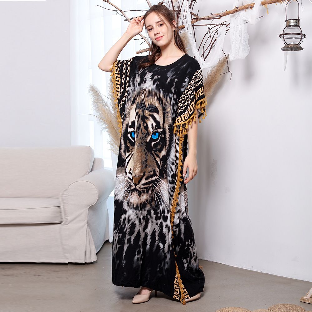 Cross-border Plus-size Muslim Women's Middle Eastern Printed Dress, Short-sleeved Islamic Loose-fitting Long Robe_ecoleips.com
