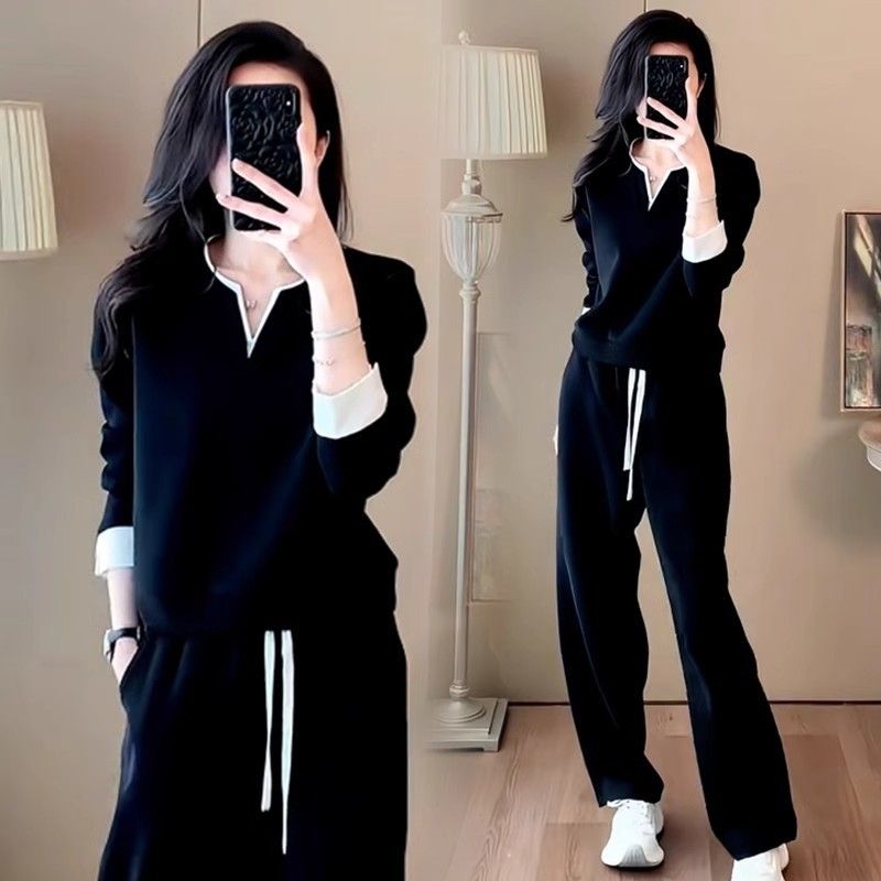 Women's Casual V-Neck Long Sleeve Wide Leg Pants Set - Soft Cotton Lounge & Streetwear Outfit For Spring/Autumn (Black)_ecoleips.com