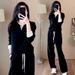Women's Casual V-Neck Long Sleeve Wide Leg Pants Set - Soft Cotton Lounge & Streetwear Outfit For Spring/Autumn (Black)_ecoleips.com