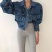 Korean Chic Oversized Denim Jacket – Cropped, Puff Sleeve, Multi-Pocket, Lapel Collar (One Size, Dark/Light Blue/Pink, 90s Retro Streetwear)_ecoleips.com