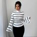 Women's Striped Knit Top - Stand Collar Long Sleeve Casual Shirt (Breathable Cotton, Spring Summer Essential, Comfort Fit)_ecoleips.com