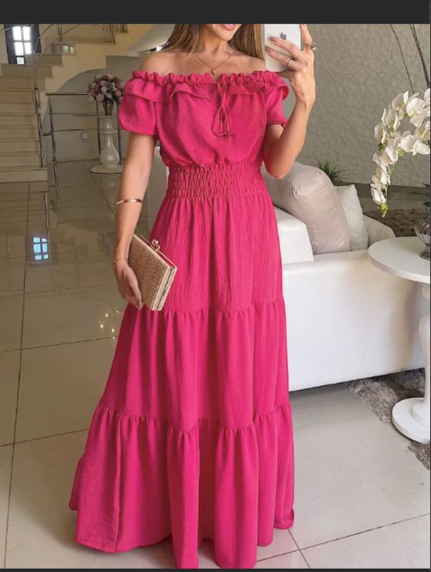 Women's Clothing Summer New Women's Fashion One Shoulder Short Sleeved Swing Long Dress_ecoleips.com