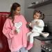Women's Clothing Pink Heart Print Round Neck Pullover Sweater Women's Trendy Brand Autumn And Winter Plus Velvet Warm Oversize Top_ecoleips.com