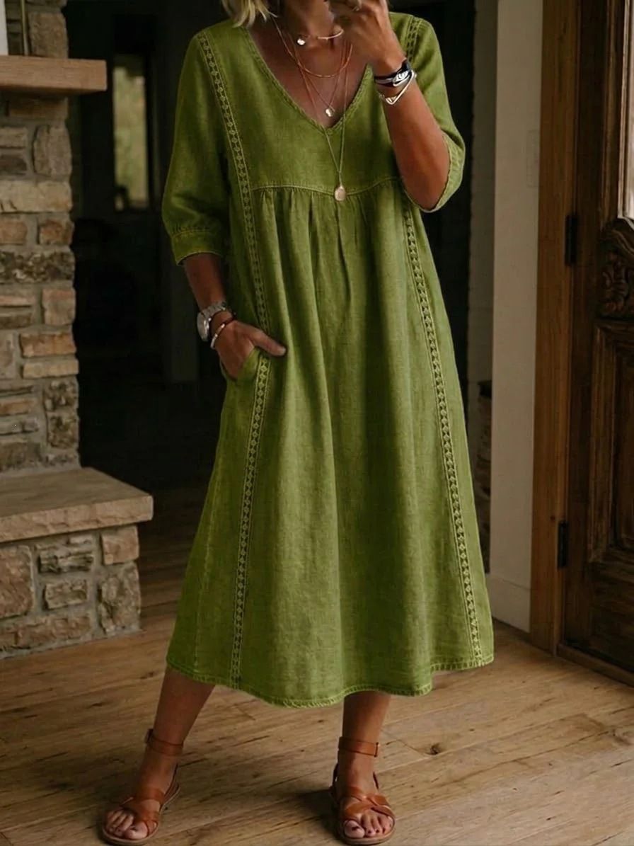 Women's Casual Fashion Mid Sleeve V Neck Pullover Faux Denim Dress Multi Color New_ecoleips.com
