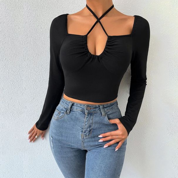 Voya Women's 2026 Autumn And Winter New Sexy Hollow Out Strap Slim Fit Short Knitted Long Sleeved T-shirt Top_ecoleips.com
