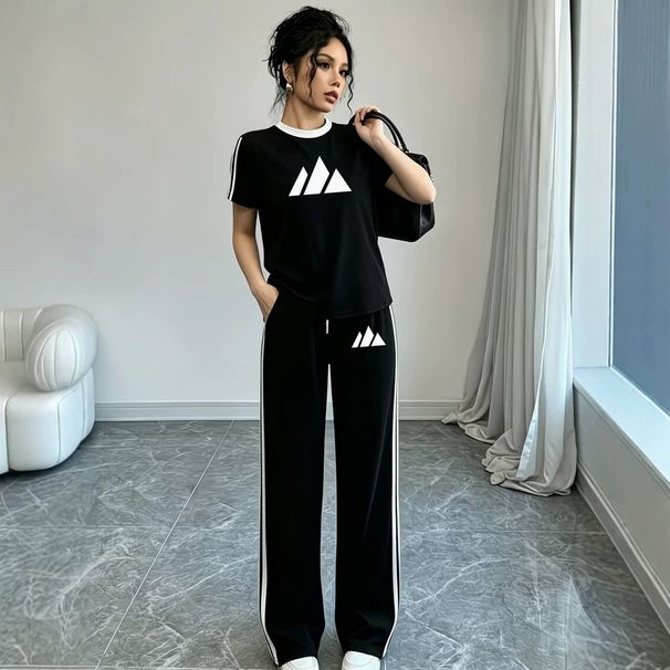 Women's Summer Casual Sportswear Two Piece Set Trendy Street Style Lazy Style Short Sleeved T-Shirt And Wide Leg Pants 6002 Print_ecoleips.com