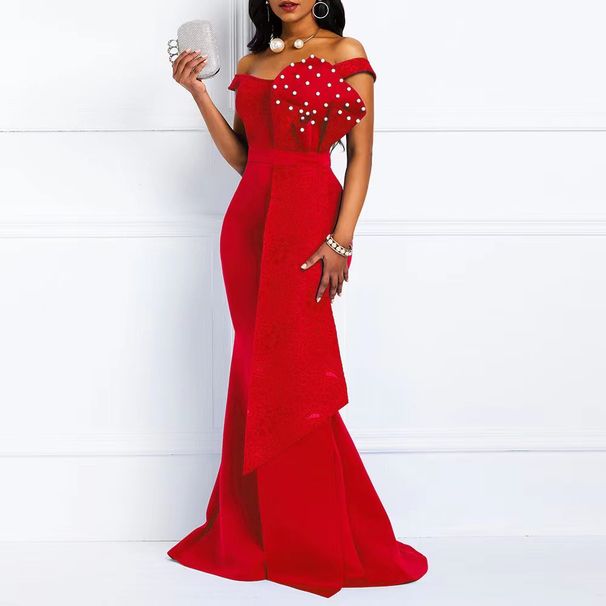 Elegant Off-Shoulder Lace Dress With Handmade Beaded Hemline - Slim Fit Pencil Midi Dress For Work & Party (Blue/Black/Red/Yellow, S-XXL)_ecoleips.com
