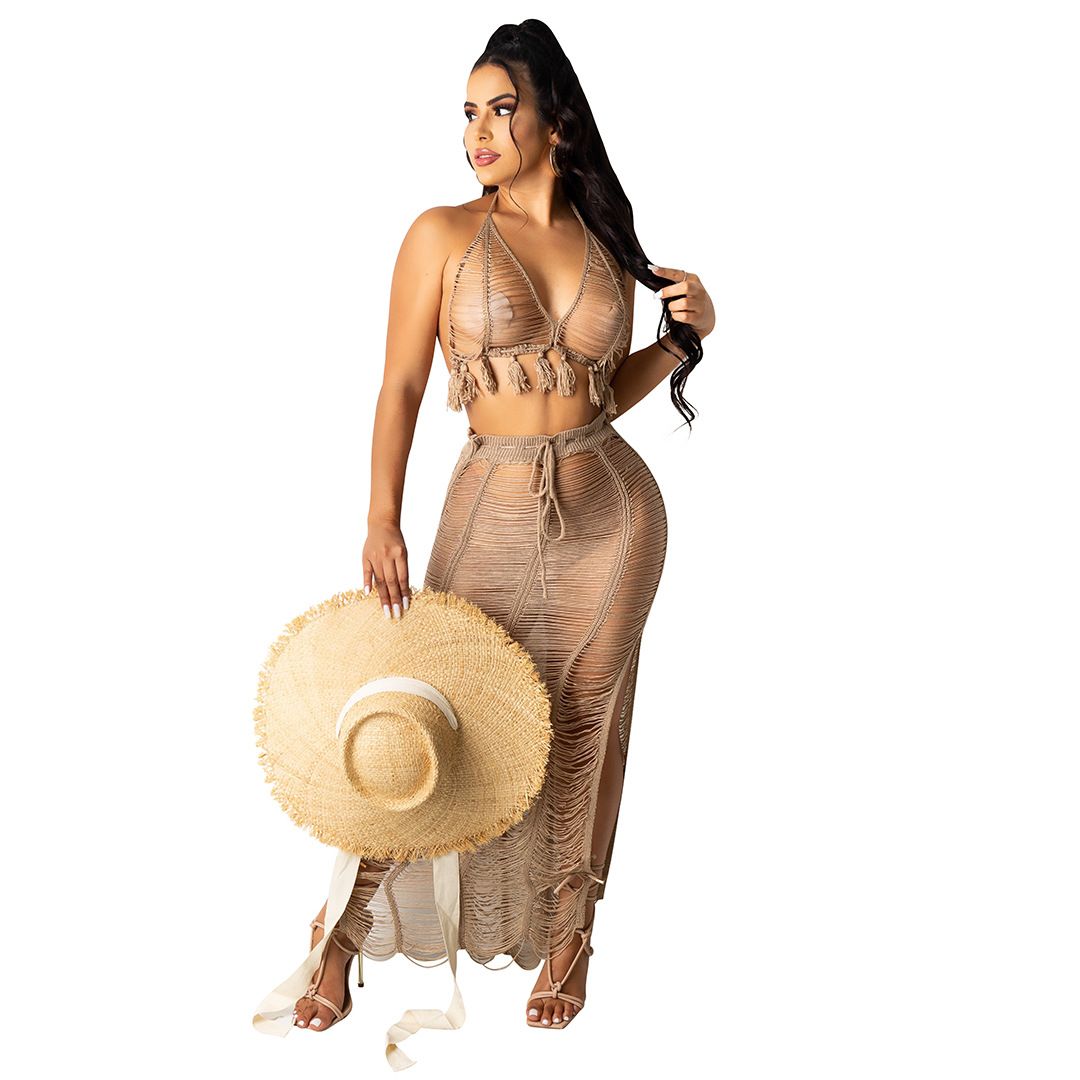 Women's Clothing Women's Sexy Hollow Tassel Knitted Beach Skirt Suit_ecoleips.com