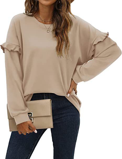 Women's Solid Color Crew Neck Sweatshirt Patchwork Ruffle Long Sleeve Autumn/Winter New Arrivals European American Style_ecoleips.com
