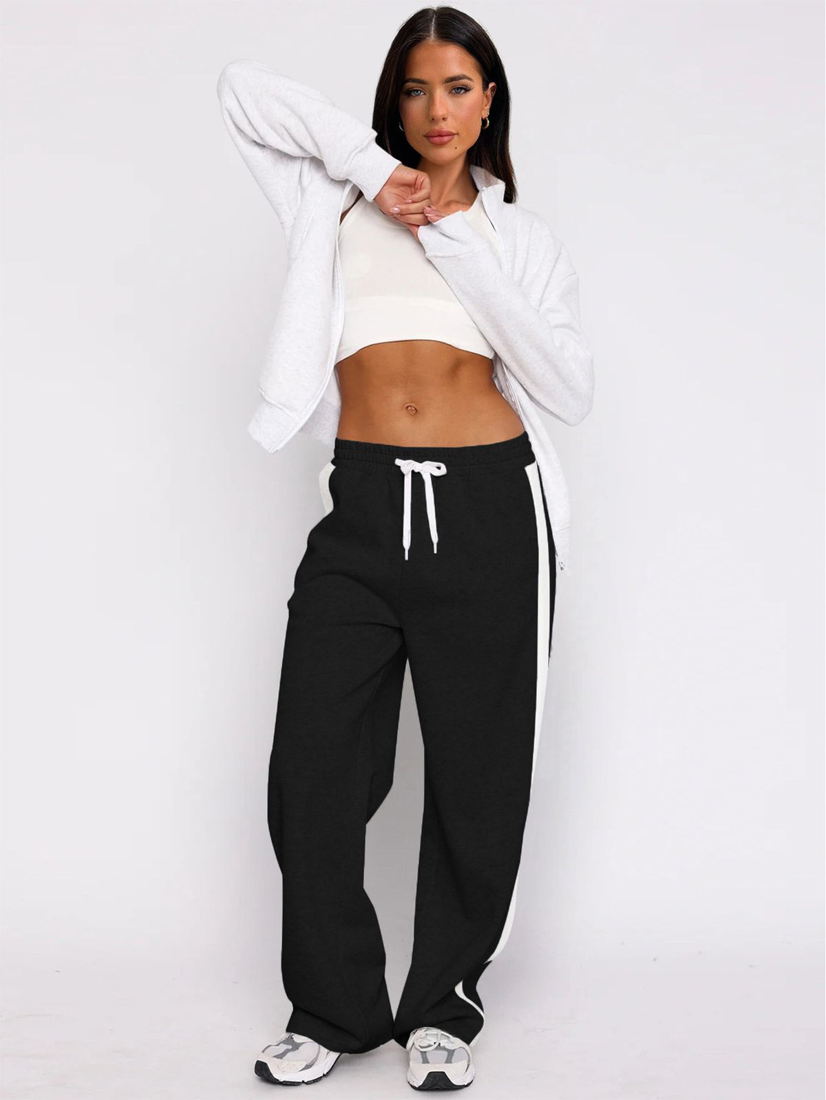 Women's Clothing Autumn And Winter Contrast Color Elastic Waist Drawstring Loose Straight Pants Casual Fashion Plus Velvet Sports Trousers_ecoleips.com