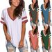 2024 Europe And The United States Spring And Summer New Women's Base Shirt Solid Color V-neck Splicing Short Sleeve Loose T-shir_ecoleips.com