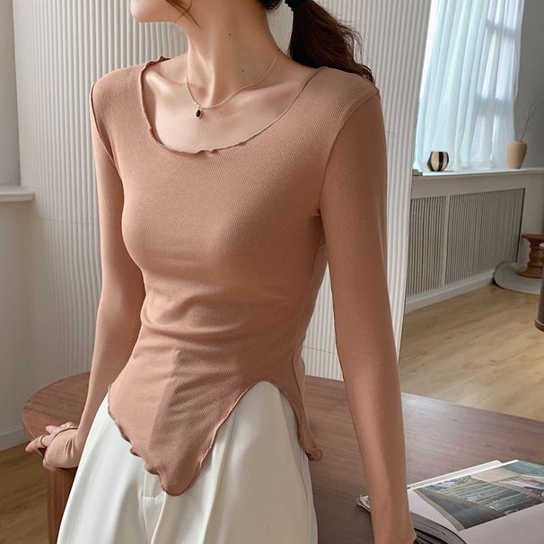2025 Selected High Elasticity Thread Cotton Rolled Edge Irregular Slit T-Shirt For Women's Long Sleeved 2025 Autumn Outfit_ecoleips.com