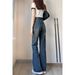American Retro Washed Blue Micro-flared Jeans For Women, Spring High-waisted Slimming Straight Elastic Wide-leg Long_ecoleips.com