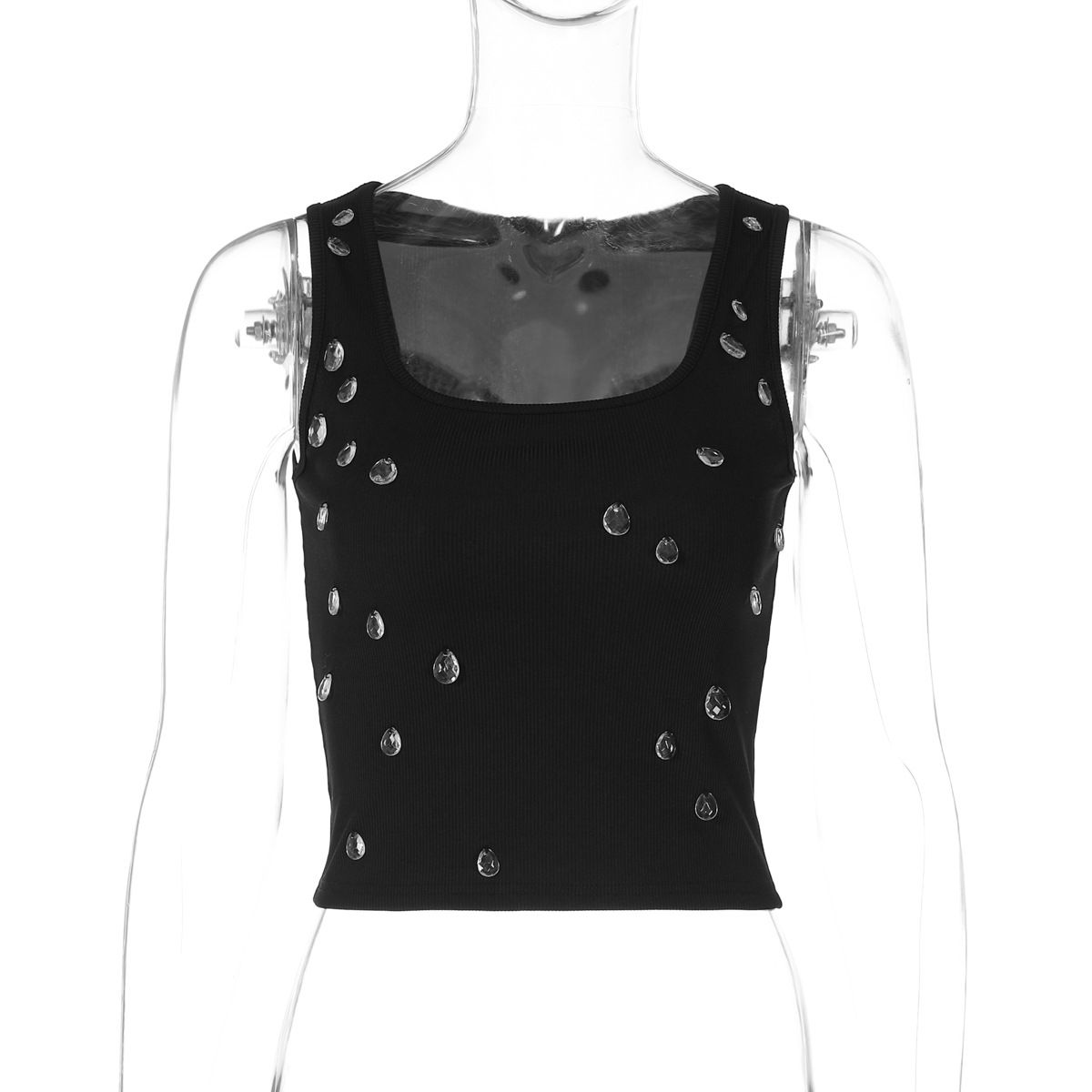 Women's Fashion 2025 Summer New Sexy Slim Fit Crop Top U-Neck Beaded Vest_ecoleips.com