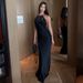 Elegant Round Neck Bodycon Midi Dress - Asymmetric Back Detail Stretchy Clubwear For Women Second Skin Comfort_ecoleips.com